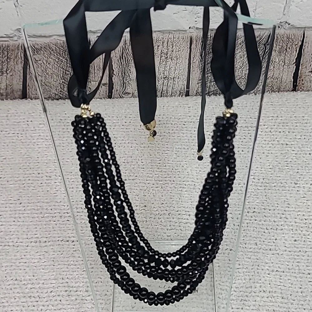 Ann Taylor Loft Elegant Black Beaded Multi Strand Layered Statement Bib Necklace